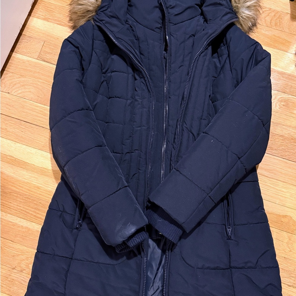 Jones New York Navy Puffer Coat with Faux Fur Hood